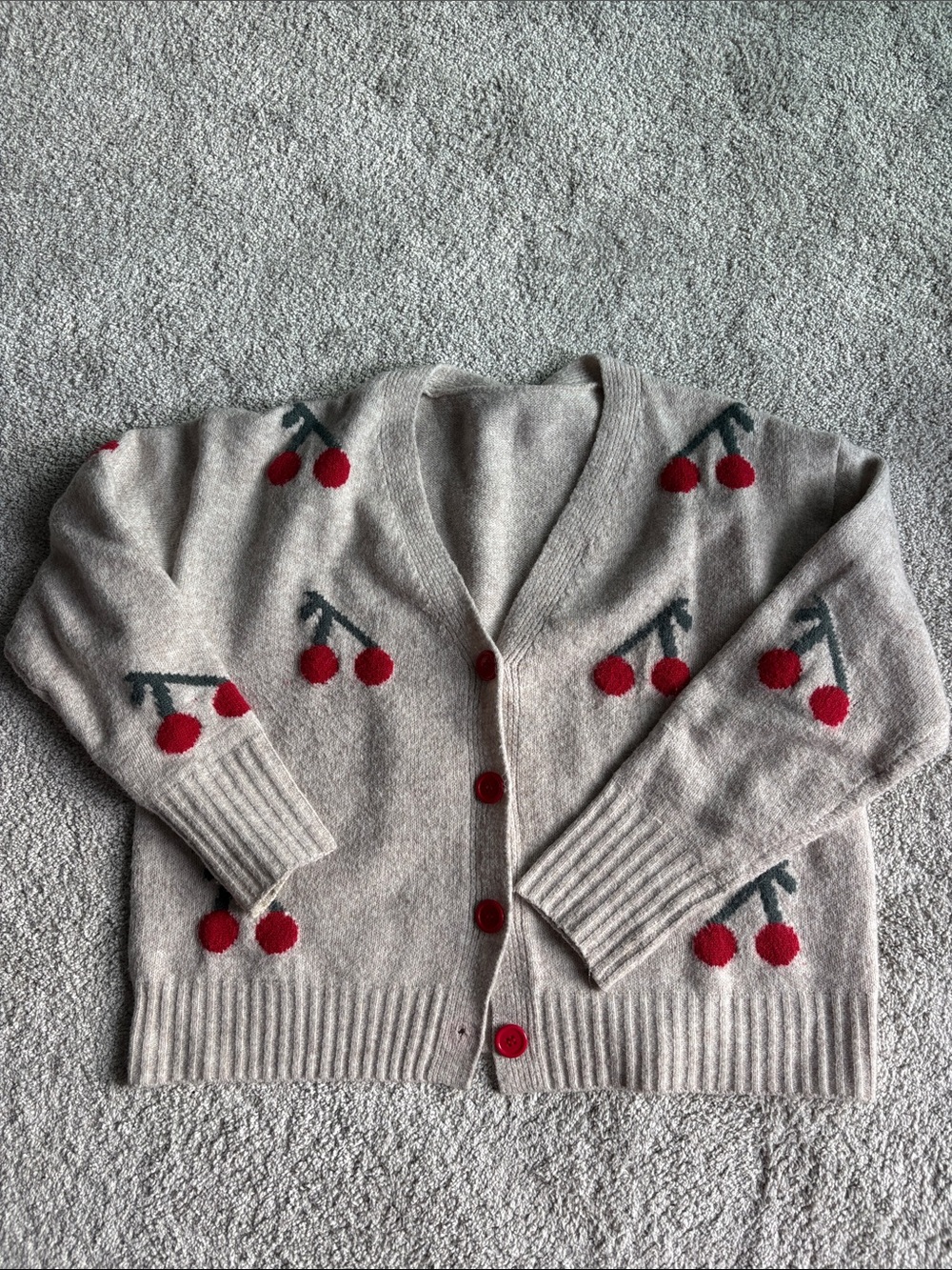 Beige Cherry Knit Cardigan with Red Buttons